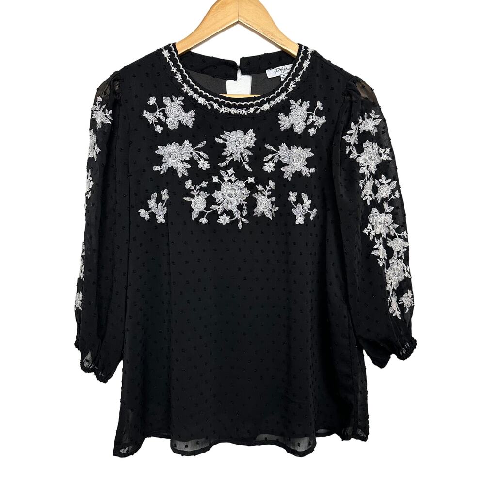Polagram Womens Size Medium Floral Embroidered 3/4 Sleeve Black White Blouse